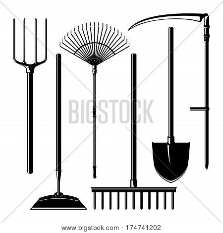 Set of Silhouette Agricultural Tools Isolated on White Background, Garden Equipment ,Pitchfork and Hoe Rake and Shovel with Scythe, Vector Illustration