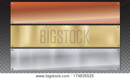 Banners of polished metal plates with screws. Polished metal background with metal texture on a transparent background. Yellow, gold, bronze and grey metal background for your design