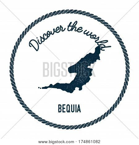 Bequia Map In Vintage Discover The World Insignia. Hipster Style Nautical Postage Stamp, With Round