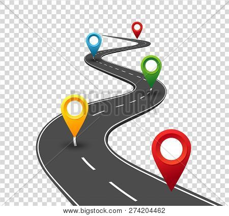 Road Infographics. Winding Road To Success With Pin Pointers. Business Journey Way. Progress Vector 