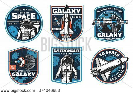 Astronaut Academy, Galaxy Explore Vector Icons. Space Shuttles Expedition, Exploration And Adventure