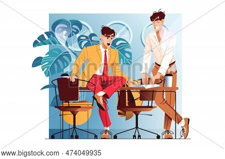 Two Businessmen Negotiate And Discuss Deal In Office, Vector Illustration. Intense Process Of Projec