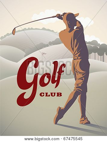 Golf player is doing a swing on the field. Retro styled vector illustration.