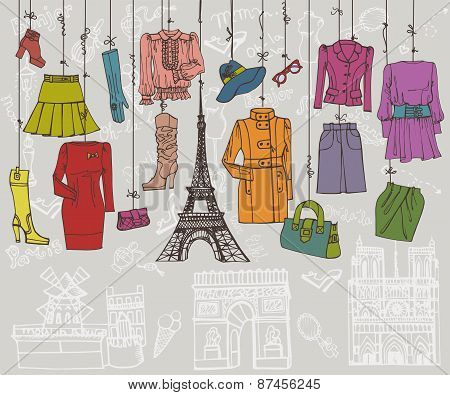 Paris style.Fashion clothing hanging on ropes.Colored Sketch