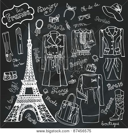 Paris Fashion.Clothing set.Doodle Sketch.Chalkboard outline