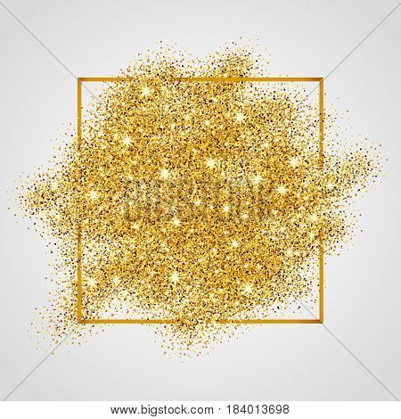 Gold sparkles on white background in frame. Gold glitter background. Gold background for card, vip exclusive certificate, gift, luxury privilege, voucher store present, shopping.