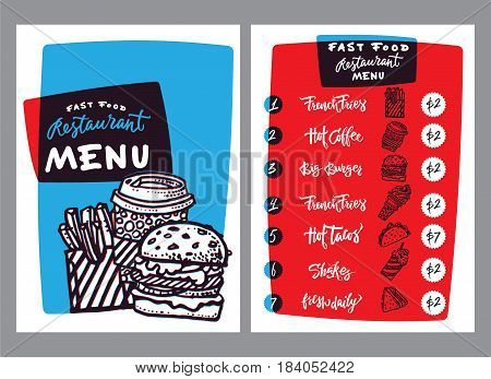 Fast food menu design and fast food hand drawn vector illustration. Restaurant or cafe menu template with burger sketch. Fast food menu cover layout with breakfast, drinks, sweet and other menu items lettering