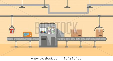 The factory conveyor on packing in flat style. Conveyor Automatic Production Line with Cardboard Boxes.Production Process on the Line Conveyor.Industrial machine.engineering vector illustration