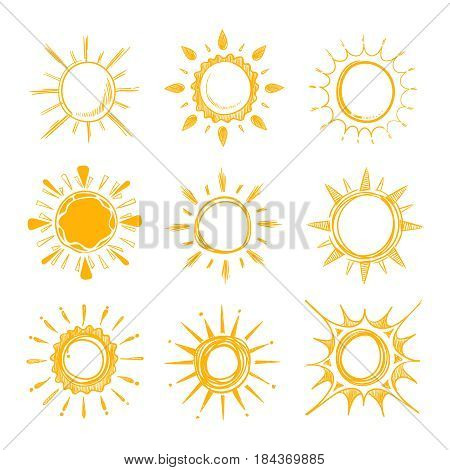 Shining bright hand drawn happy sun vector set. Creative sunny bright, illustration of morning simple sunny energy