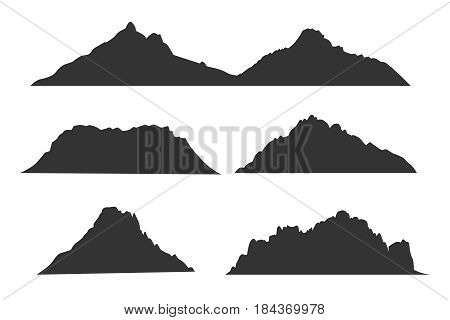 Mountains black silhouettes for outdoor design or travel labels vector set. Black silhouette mountain template, illustration of highland peak mountains