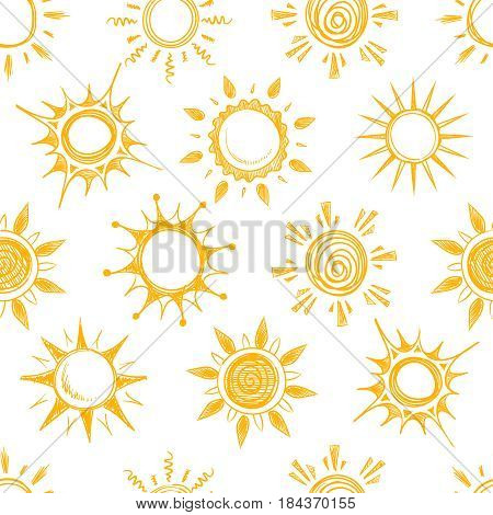 Funny yellow summer sun vector seamless pattern. Background with sun sketch, illustration of natural cartoon hot sun