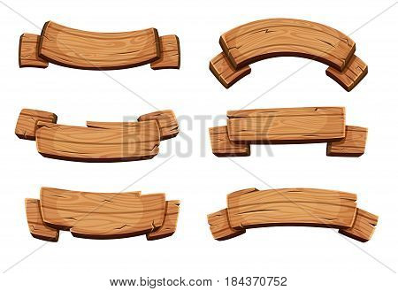 Cartoon brown wooden plate and ribbons. Vector set isolate on white background. Wooden ribbons collection, illustration of wood board