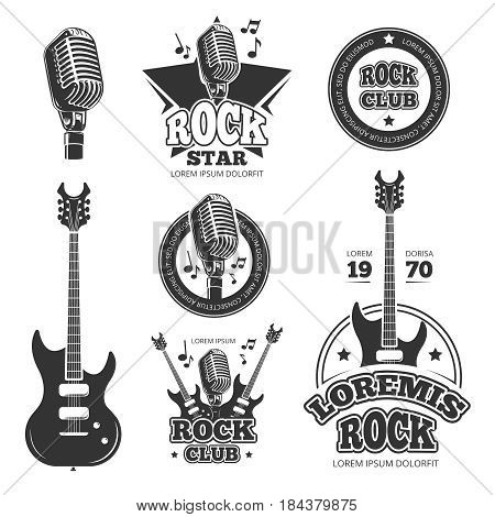 Vintage rock and roll music vector labels, emblems, badges, sticker with guitar and speaker silhouettes. Rock music emblem, retro vintage rock and roll label illustration