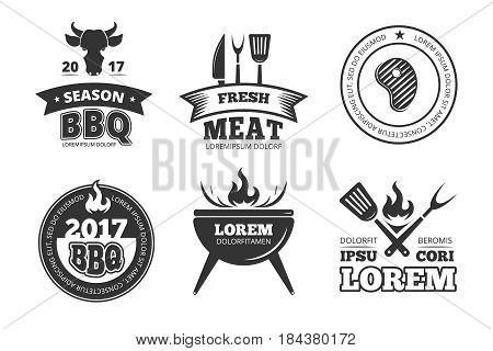 Barbecue, grill, bbq steak house restaurant vintage vector labels, badges, logos and emblems. Gril bbq emblem restaurant, illustration of vintage bbq label for menu