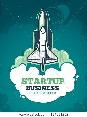 Startup vector grunge vintage 60s poster with rocket, spaceship launch. Business staart up banner, illustration of creative template poster start up rocket