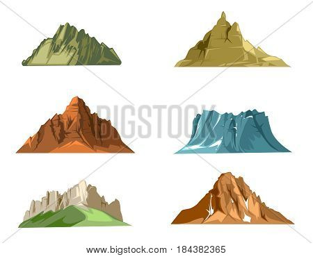 Nature landscapes with green hills and snow mountains cartoon vector. Set of mountains with snow and green grass, illustration of mountain hill rock