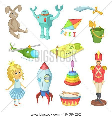 Cartoon set of toys for kids boys and girls. Funny vector icons toys robot and rabbit, doll and soldier. Illustration of child toys