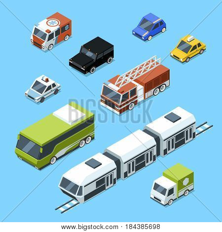 Vector isometric transport, 3d car icons set isolate on white background. Urban traffic pictures. Transport car isometric icon, illustration of auto transport