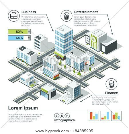 Isometric 3d city map. Infographic vector illustration. Dimensional plan with house building architecture, map structure city with model buildings info