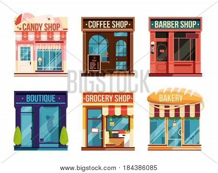 Urban stores set isolate on white background. Business retail. Vector illustration. Flat facade barber and candy shop, illustration boutique facade architecture