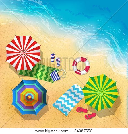 Top view vector illustration of beach, sand and umbrella. Summer background. Summer sand beach with colored umbrella, view to sea beach