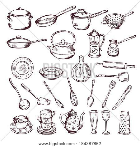 Hand drawn vector illustration of kitchen tools isolate on white background. Sketch of kitchen tools spoon and fork, set of tools for cooking