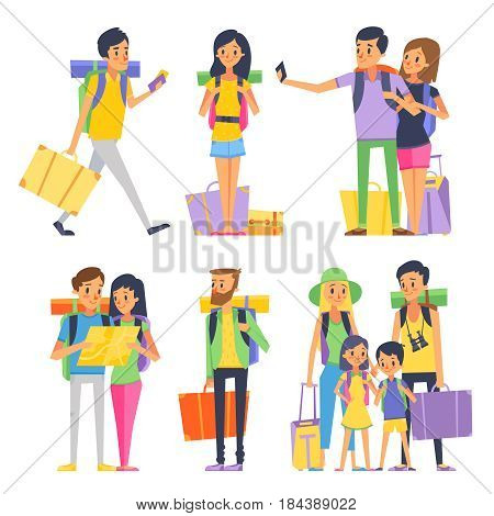 Tourist group of happy people goes to vacation. Couple or family with kids in traveling. Vector illustration. People together on vacation with backpack