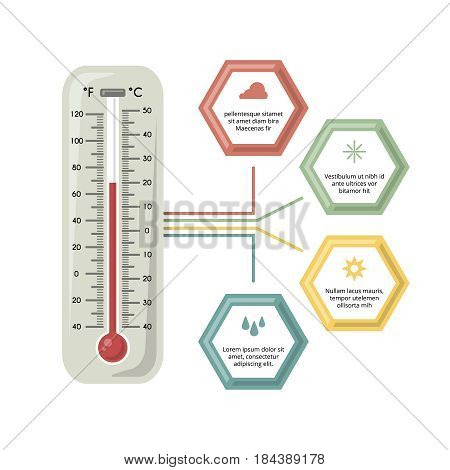 Infographic illustration with medicine thermometer. Different temperature , cold and warm. Vector picture with place for your text