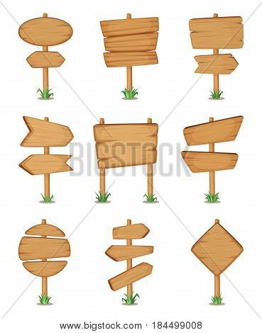 Empty wooden round and square signpost standing in grass. Vector illustration set. Various wooden plywood signpost, wooden guidepost or billboard