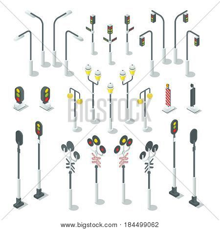 Isometric traffic light, street lamps. Traffic light and lamppost design for map. Urban vector illustration