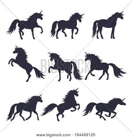 Mythology illustrations set of unicorns silhouette in different poses. Vector pictures of medieval black horses. Black silhouette unicorn, illustration of animal magic silhouette