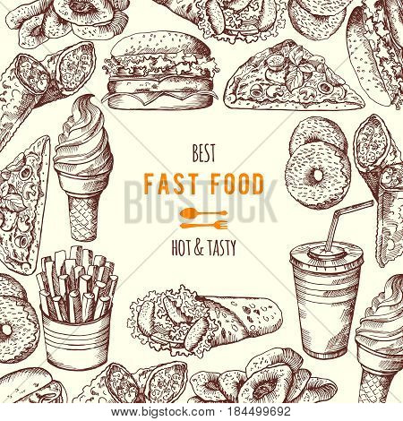 Hand drawn fast food background illustration. Vector banner fast food with burger and beverage, poster menu fast food