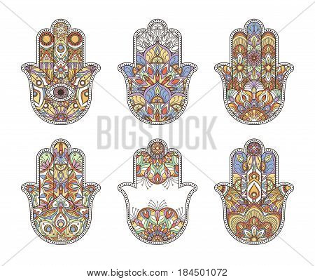 Thailand ethnic hand drawn hamsa hands. Vector ornaments. Set of indian ornament, illustration of symbol ethnic indian