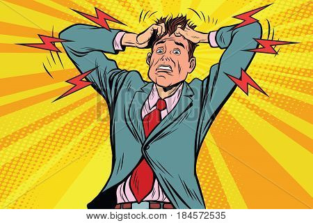 businessman panic head hand, illness and medicine. Pop art retro vector illustration