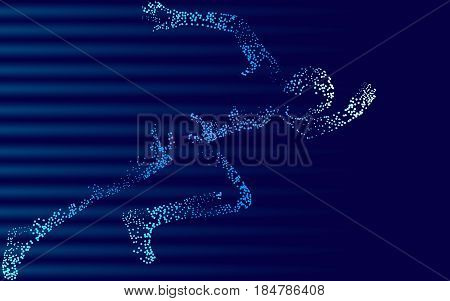 Fast impetuous running sportsman. Man run high speed sport achievement. Silhouette sprinter background. Design runner dark blue vector illustration art