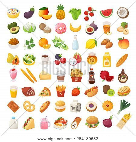 Set Of Colorful Food Icons. Bakery, Dairy Food, Fruit And Vegetables. Desserts Fast Food And Pasta I