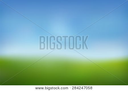 Summer Background. Green Fresh Grass, Blue Sunny Sky Blur Design. Abstract Summer, Spring Nature. Be