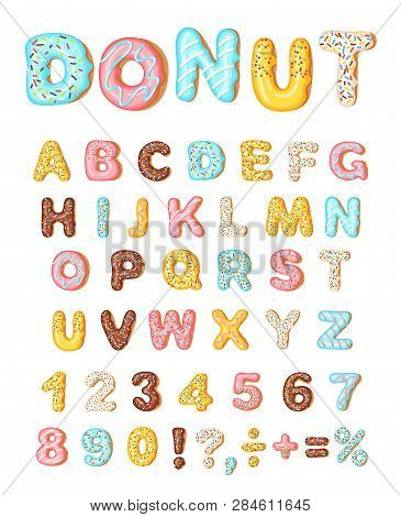 Donut Icing Latters, Font Of Donuts. Bakery Sweet Alphabet. Letters And Numbers. Donut Alphabet And 