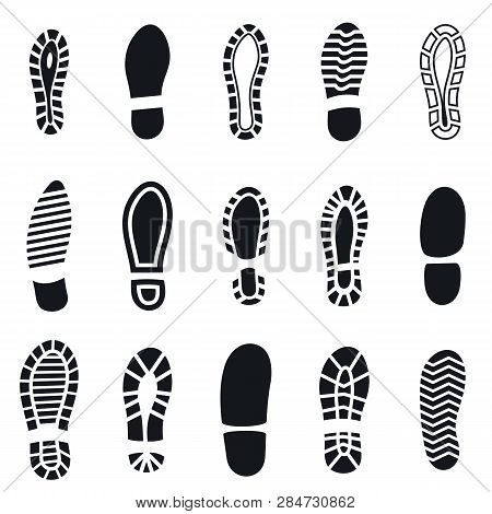 Shoes Footprint Silhouette Black Simple Set. Sneaker Shoes Step, Walking Boot Shoe Steps Imprint And