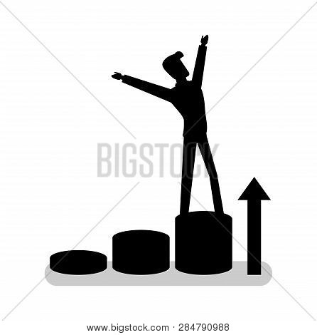 Person Standing On Circle Step With Hands Up, Rising Up Arrow. Black Silhouette Of Climbing Human, P