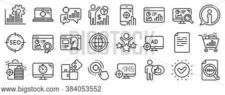 Set Of Increase Sales, Business Ad Strategy And Website Optimization Icons. Seo Line Icons. Puzzle, 