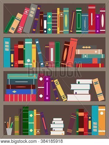 Bookshelfes With Books. Bookcase In Library. Background For Bookstore With Wall, Wooden Shelf And St