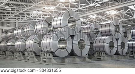 Rolls of metal sheet. Zinc, aluminium or steel sheet rolls on warehouse in factory. 3d illustration