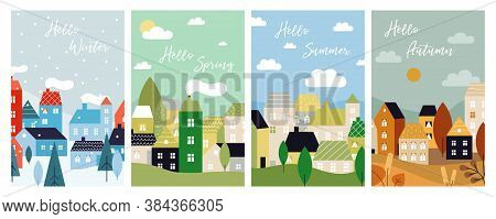 Four Season Cards. Autumn Winter Spring Summer With City Landscape. Seasonal Poster, Christmas Time.