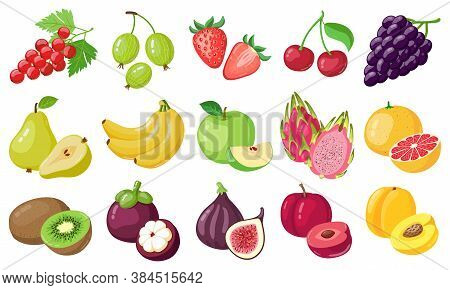 Cartoon Fruits. Tropical Fruit, Banana, Fig, Apple And Dragon Fruit, Citrus And Berries, Vegetarian 