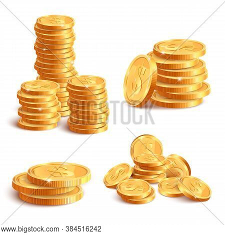 Realistic Coins Pile. Golden Coin Dollar Stack, 3d Jackpot Coins, Gold Treasure Prize, Cash Coin Pil