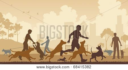 Editable vector illustration of dogs and their owners in a park with all elements as separate objects