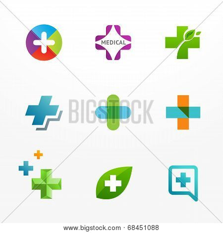 Set of medical logo and icons with cross and plus sign.