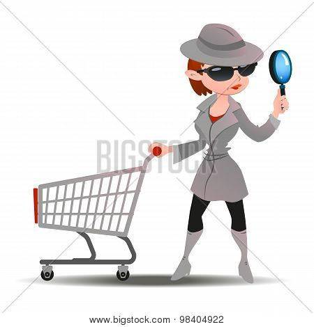 Mystery shopper woman in spy coat with shopping cart