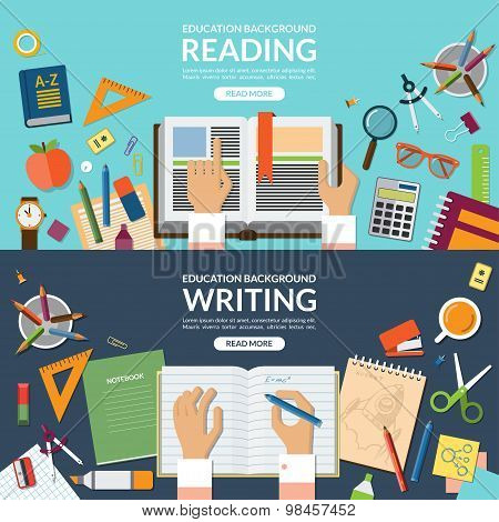 School and education, reading and writing concept banner set. Flat design vector illustration backgr